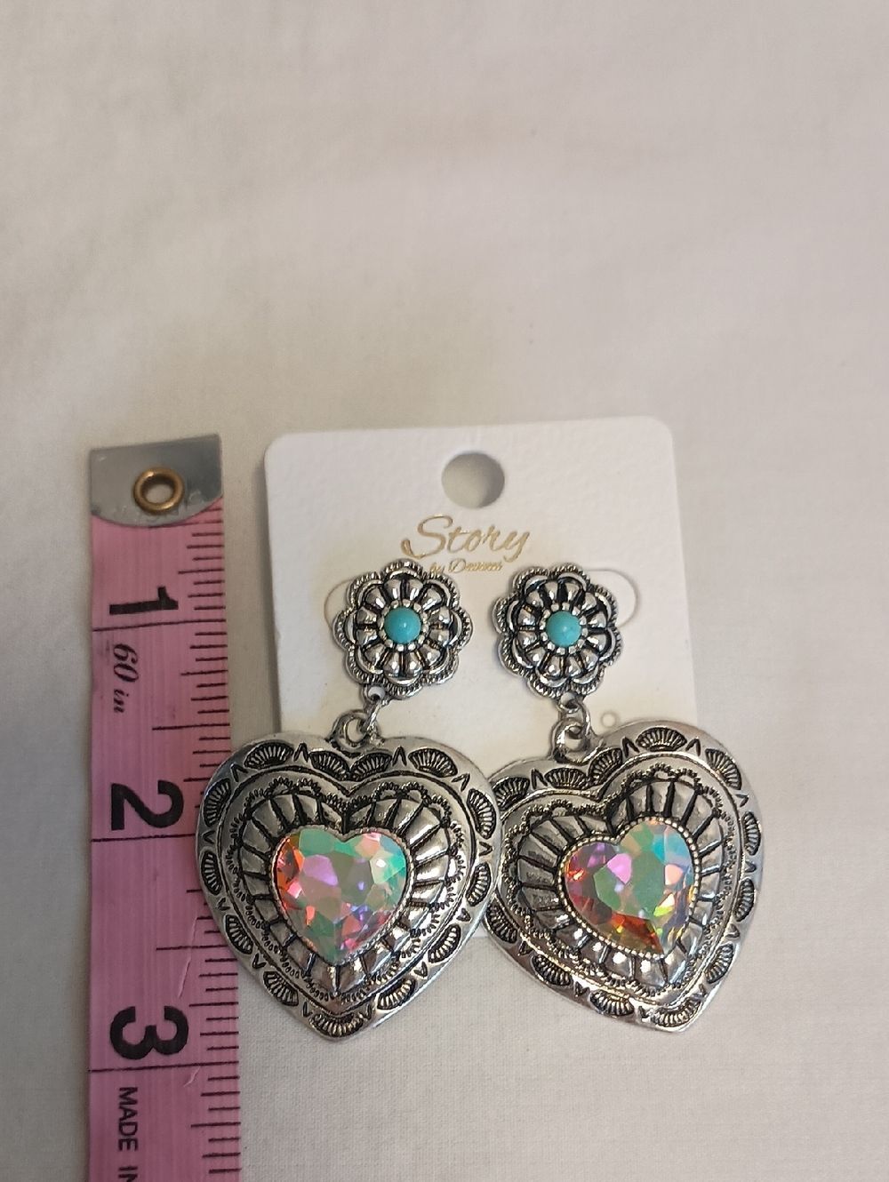 Silver Heart Drop Earrings with Iridescent Crystal and Turquoise Accent - Picture 5 of 6